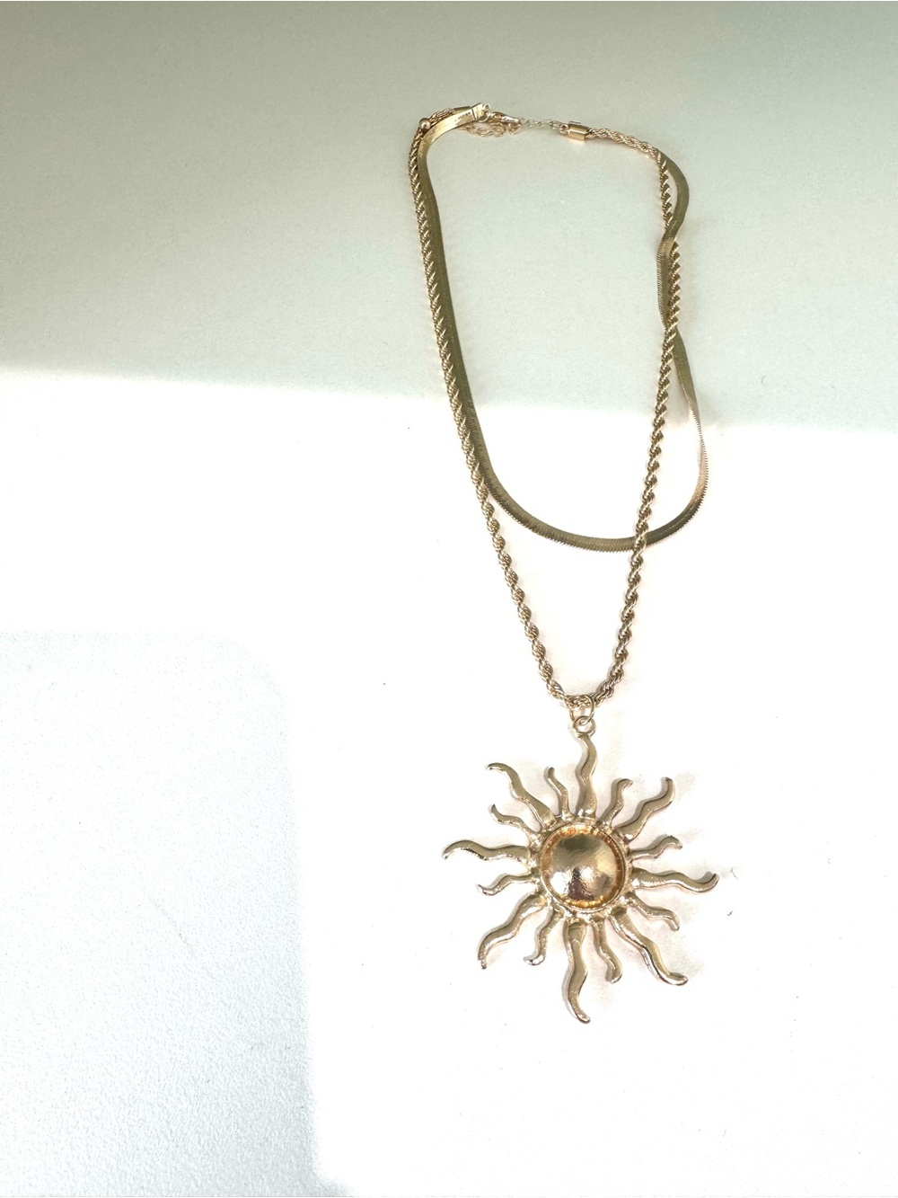 Gold Filled Double Chain Sunburst Pendant Necklace -